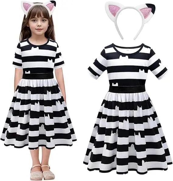Carnival Party Children Black And White Stripe T-Shirt+Skirt+Bag Sets Kids Cartoon Cats Cosplay Costume Party Outfits 4-8Y
