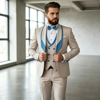 3 Pieces Men's Slim Fit Wedding Tuxedo Beige Groom Prom Dinner Blazer Vest Pants Set Classic Business Formal Suit for Men