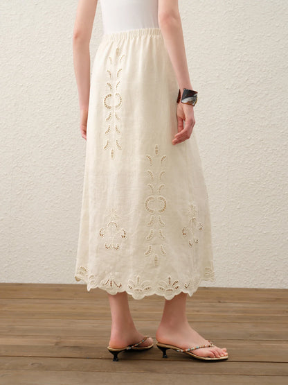 Summer Women Linen Two Piece Set Cut-Out Embroidered Sleeveless Top Midi Skirt Boho Beach Vacation Style