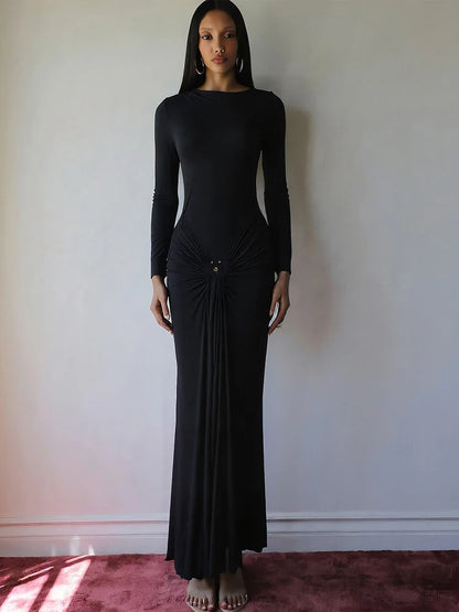 Ruched Elegant Maxi Dress Women Daily Casual Fashion Skinny Full Sleeve Solid Gown Midnight Prom Party Long Bodycon