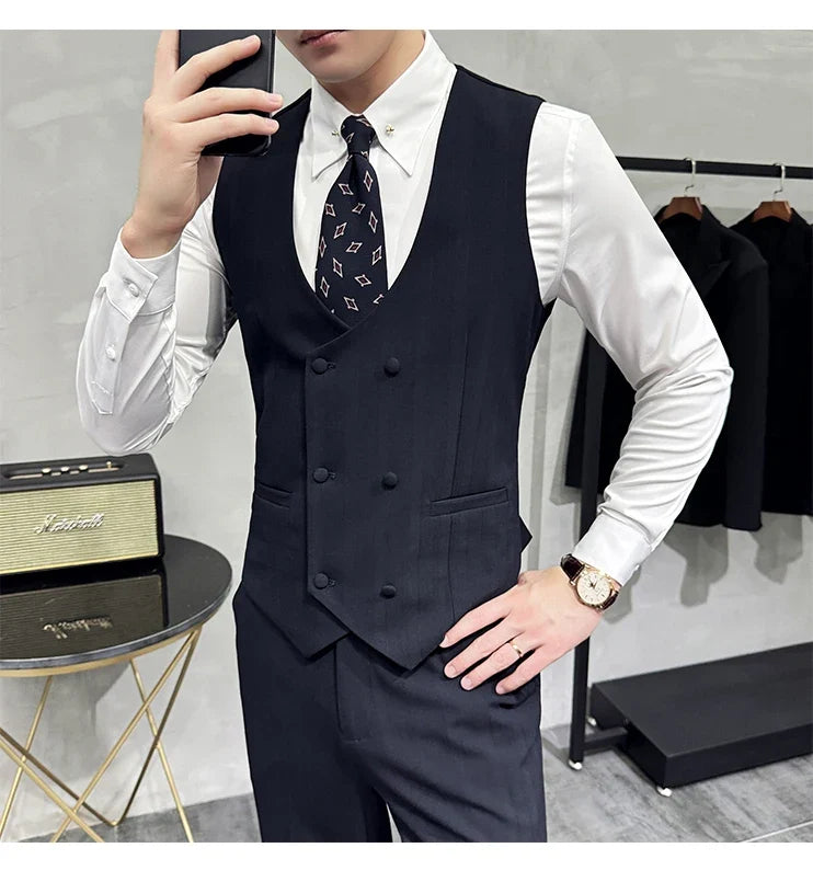 British Style Double-breasted Striped Vest With Pants Men Business Slim Fit Suit Vest 2 pieces Formal Groom Wedding Dress Vest
