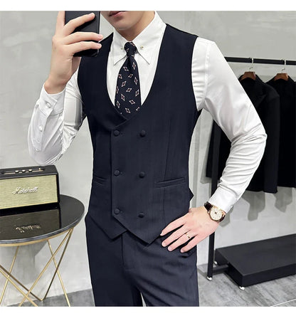 British Style Double-breasted Striped Vest With Pants Men Business Slim Fit Suit Vest 2 pieces Formal Groom Wedding Dress Vest