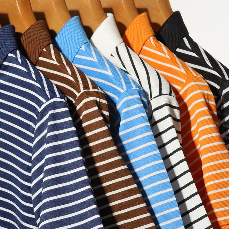 2024 Men's New Striped Cotton Business Casual Short Sleeved POLO Shirt Fashion Short Sleeved Comfortable and Breathable Top