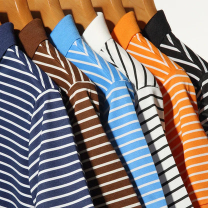 2024 Men's New Striped Cotton Business Casual Short Sleeved POLO Shirt Fashion Short Sleeved Comfortable and Breathable Top