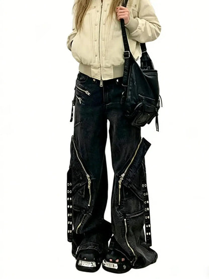 Women's Black Cargo Baggy Jeans Line Y2K American High Street Harajuku Aesthetic Vintage Design Wide Leg Jeans Trousers Clothing