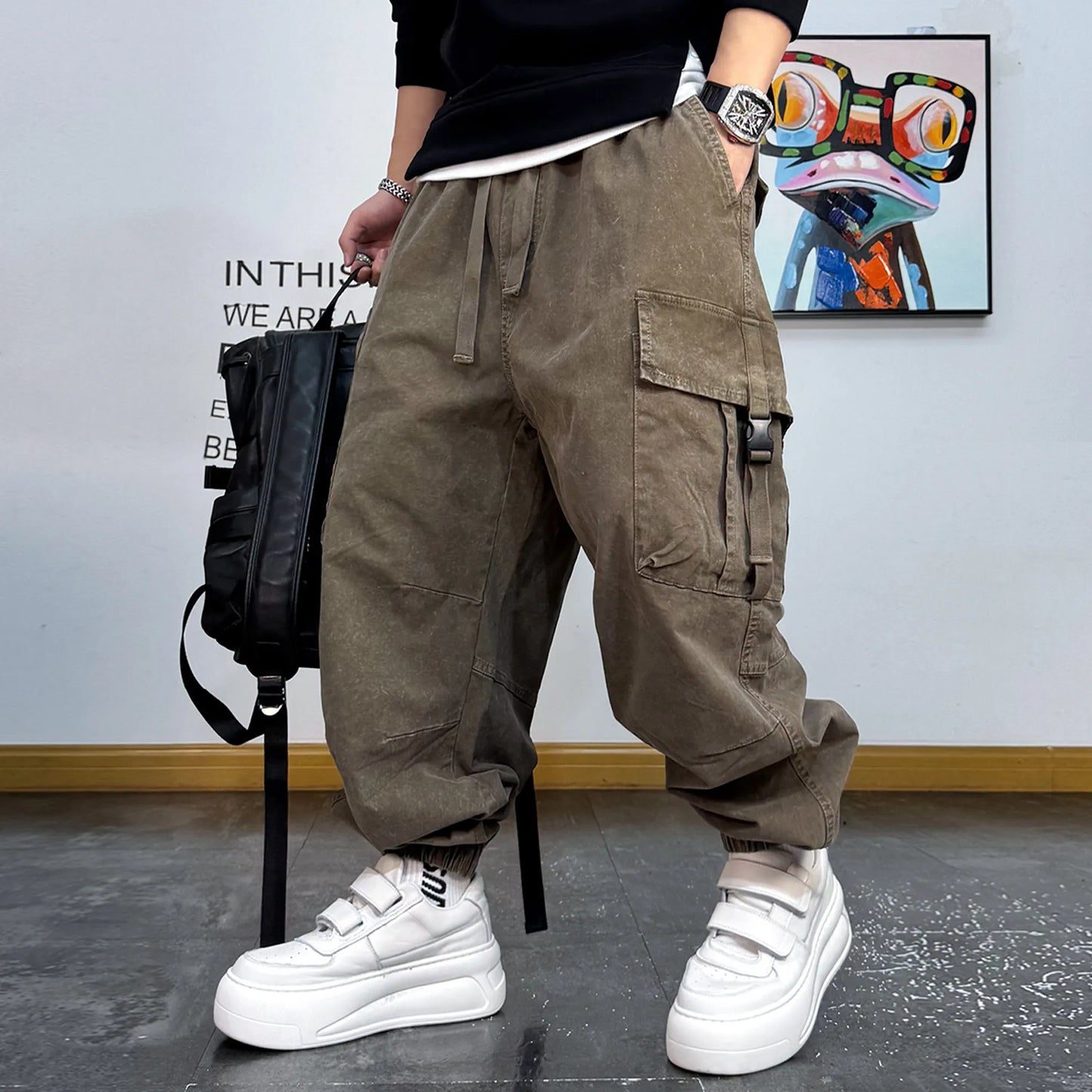 American Vintage Cargo Joggers Mens Washed Distressed Multi Pocket Pants Oversized Loose Fit Streetwear Hip Hop Plus Size Trendy