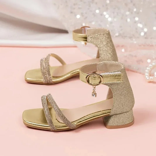 Children Summer Sequins High Heels Sandals Non-slip 2026 New Gold Princess Causal Girls Open-toe Sandals Fashion Kids Sandals