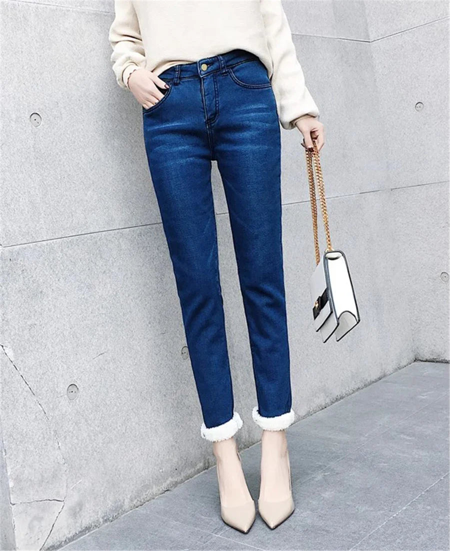 Winter Pencil Jeans Women Thicken Lamb Fluff Skinny Denim Pants High Waist Warm Lambwool Lined Stretch Vaqueros Big Size 34 Jean