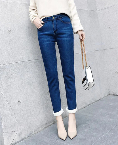 Winter Pencil Jeans Women Thicken Lamb Fluff Skinny Denim Pants High Waist Warm Lambwool Lined Stretch Vaqueros Big Size 34 Jean