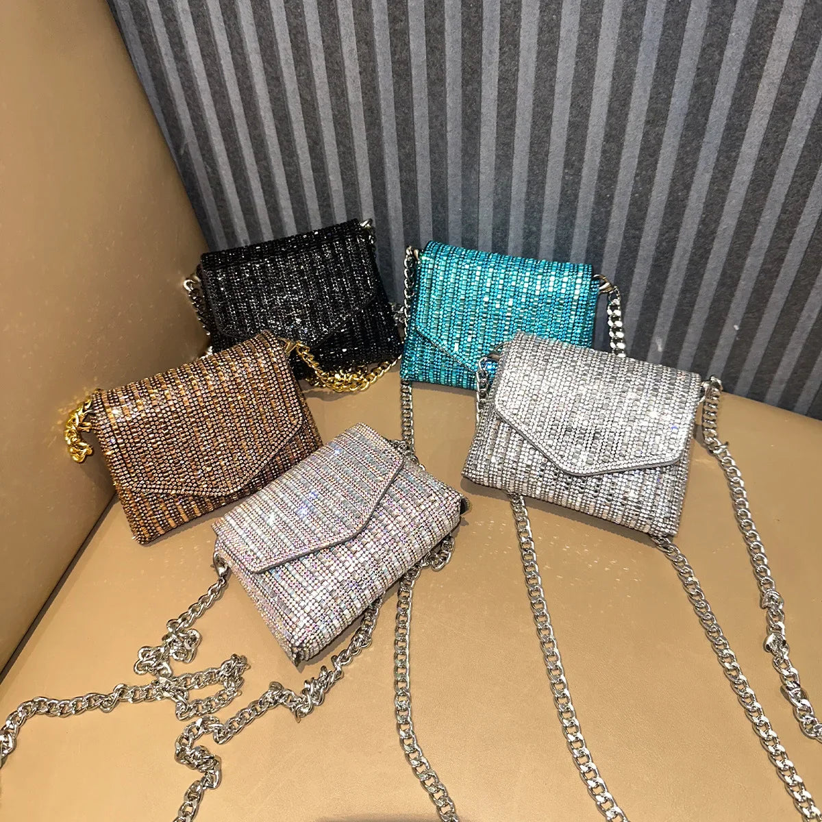 Rhinestones Bag for Women 2024 Mini Purses and Handbags Clutch Wallets Ladies PU Leather Chain Party Evening Shoulder Bag