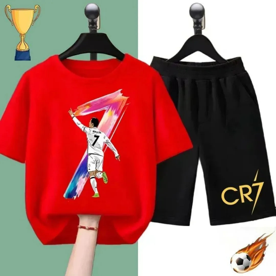 2025 Summer new children's suit Ronaldo football star printed children's suit Children's summer short sleeve shorts boys and gir