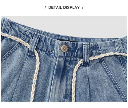 Women Jeans Soft Cool Belted Loose Wide Leg Denim Pants 2026 Summer Casual Daily