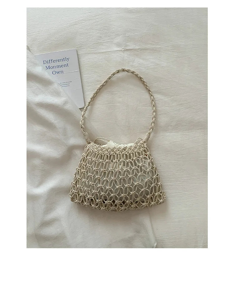 Hollow Beading Women Shoulder Bag Rope Knitting Handbags Bohemian Crochet Mesh Bags for Women Small Woven Beach Bag Flap Tote