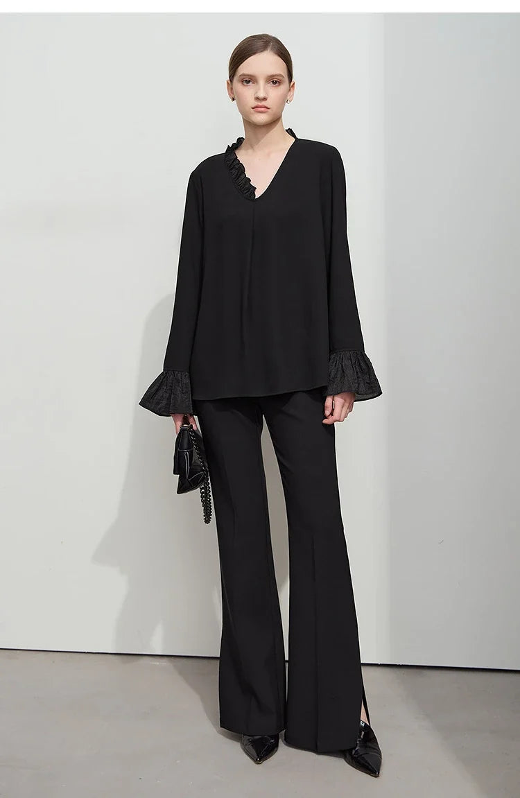 Minimalist Chiffon Shirt For Women 2025 Autumn New Office Lady V-neck Ruffle Splicing Loose Long Sleeved Blouse 12511078