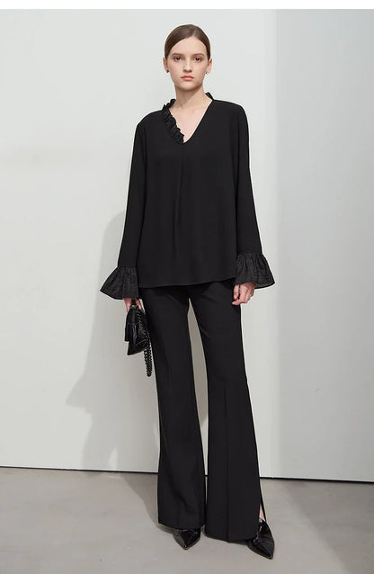 Minimalist Chiffon Shirt For Women 2025 Autumn New Office Lady V-neck Ruffle Splicing Loose Long Sleeved Blouse 12511078