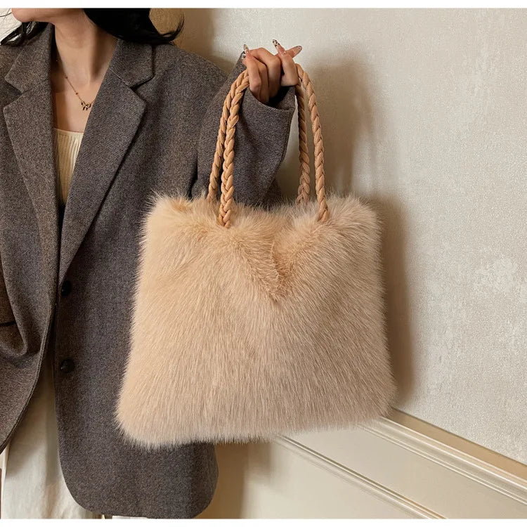Fashion Women Furry Shoulder Bag Large Capacity Tote Handle Bag for Autumn Winter Outing Commuter Texture Versatile Storage Bags