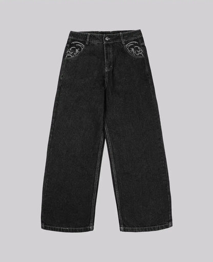 90s Retro Street Embroidery Jeans Male  R&B Solid Color Loose Straight Pants Female Y2K Harajuku Hip Hop  Punk Style  Men Jeans
