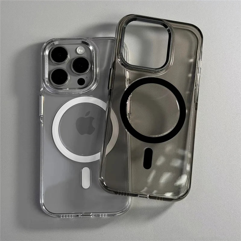Transparent Wireless Charging for Magsafe Case for iPhone 16 15Pro 14 16Pro Max Alloy Lens Clear Shockproof Hard Armor Cover