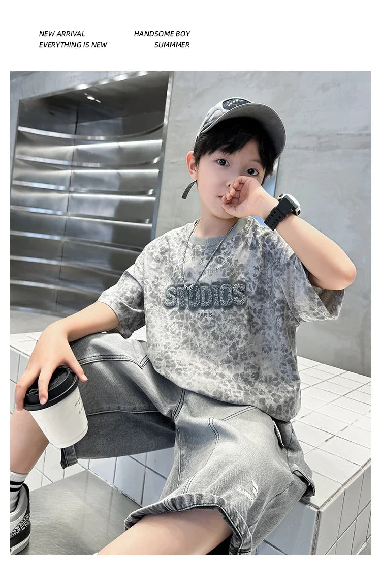 Baby Child Summer Cotton Suit With Shorts for Boy Leopard Print T-shirt + Denim Shorts Top and Bottom Clothes Set For Kids 2-14Y