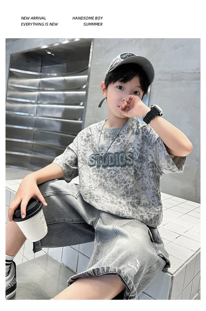 Baby Child Summer Cotton Suit With Shorts for Boy Leopard Print T-shirt + Denim Shorts Top and Bottom Clothes Set For Kids 2-14Y