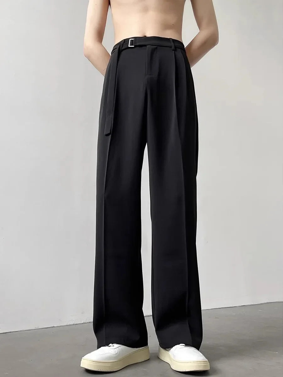Retro High-end Belt Design Straight-down Trousers Men's Trendy Brand Loose Wide-leg Casual Pants Original Luxury Brands Jeans