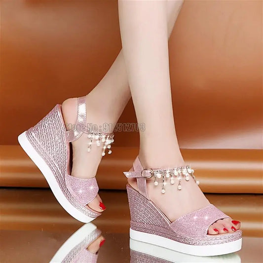 Girls Sandals Summer New Women Pump Fashion Rhinestone Platform Wedge Casual Female 10cm Ladies High Heels Shoes