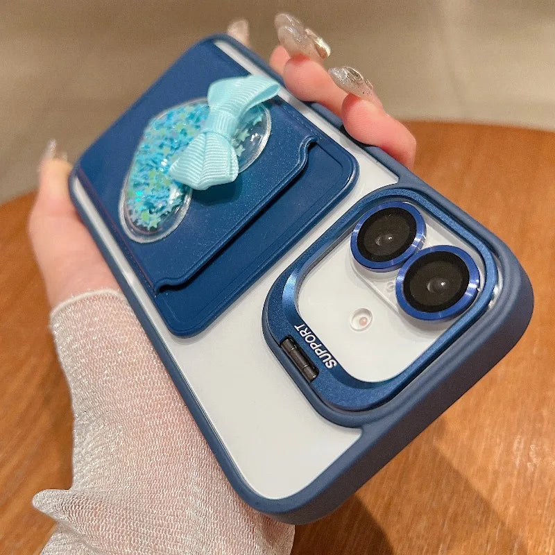 Luxury Metal Stand Exquisite Heart Card Bag Shock Proof Case for iPhone 17 16 15 14 13 12ProMax Plus Send camera protective film