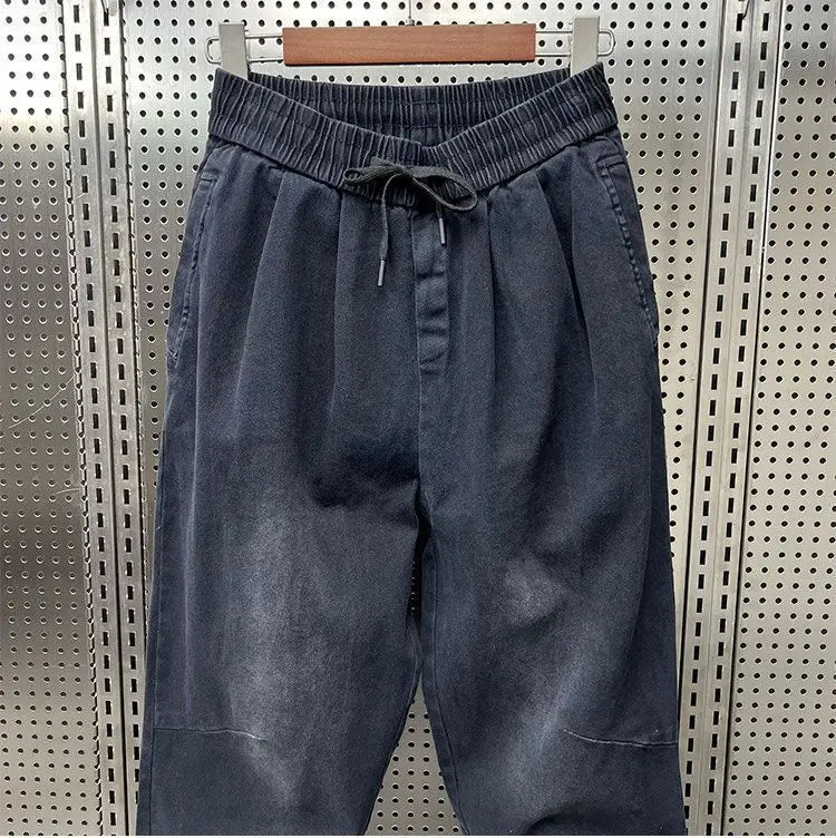 Drawstring Menswear Clothing Handsome Spring New Men's Jeans Korean Elastic Waist Buttons Decorative Fashion Harlan Pants Men