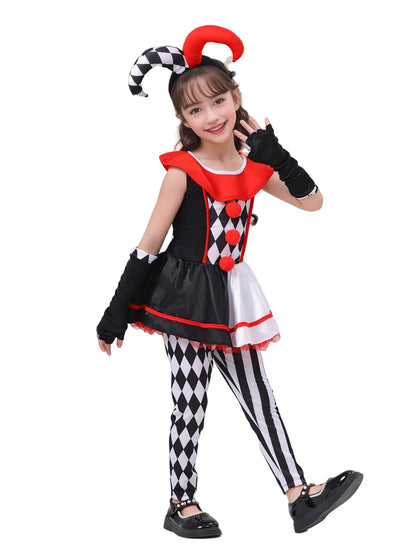Girls Poker Pattern Jester Clown Cosplay Dress Outfit Kids Halloween Carnival Party Costume