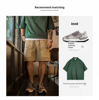 Maden Outdoor Quick-Dry Khaki Cargo Shorts Men's Summer Lightweight Woven Straight Leg Beach Pants Elastic Waist Pocket Shorts