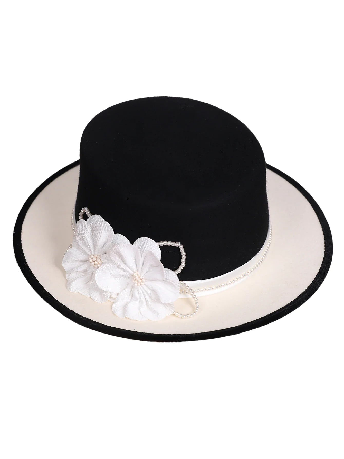 Women's Black/White Flat Top Wool Felt Fedora Hat with Flower Faux Pearl Detail Winter Dress Cap Stylish French Millinery
