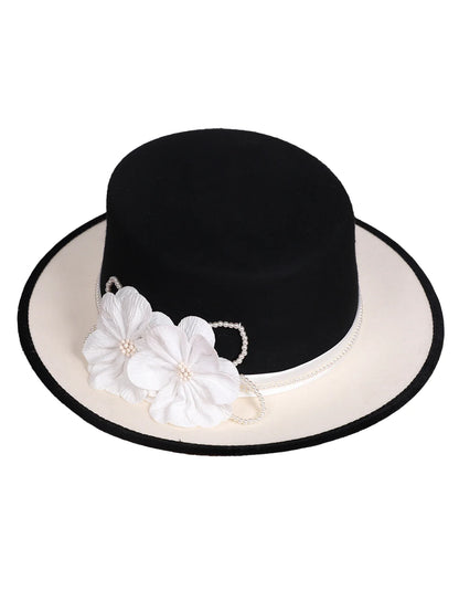 Women's Black/White Flat Top Wool Felt Fedora Hat with Flower Faux Pearl Detail Winter Dress Cap Stylish French Millinery