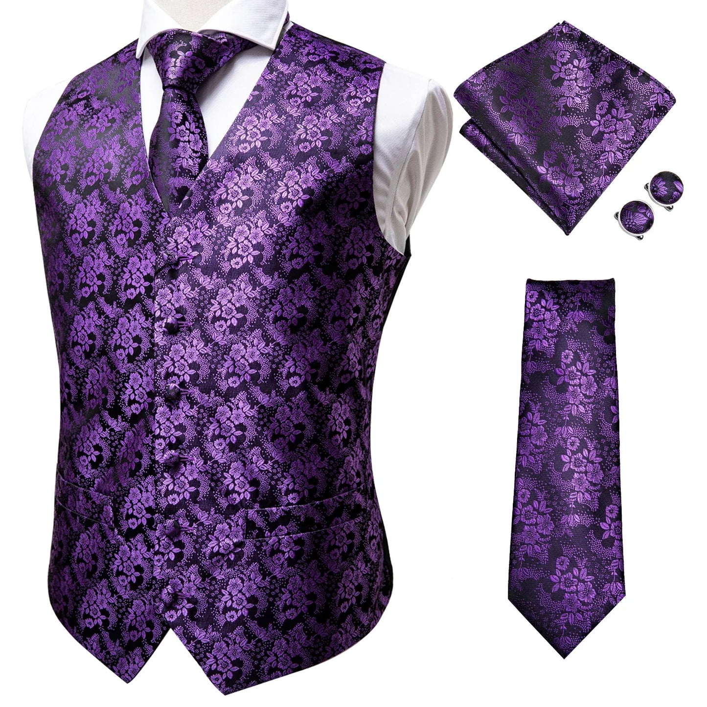 Adult Men's Vest for Suit Luxury Paisley Floral Plaid Suit Vest and Tie Set Blue Gold Red Sliver Wedding Vest Men