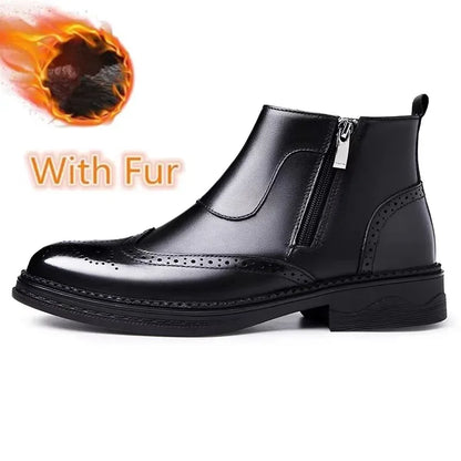 Male Winter Shoes Plush Warm Shoes Fashion Zipper Men's Basic Boots British Style Business Shoes Genuine Leather Chelsea Boots