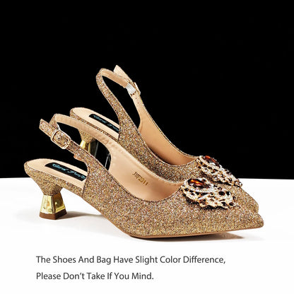 Italian Design Peach Color Pointed Toe Shoe & Bag Set Rhinestone Luxury  Women's High Heels for Parties By QSGFC