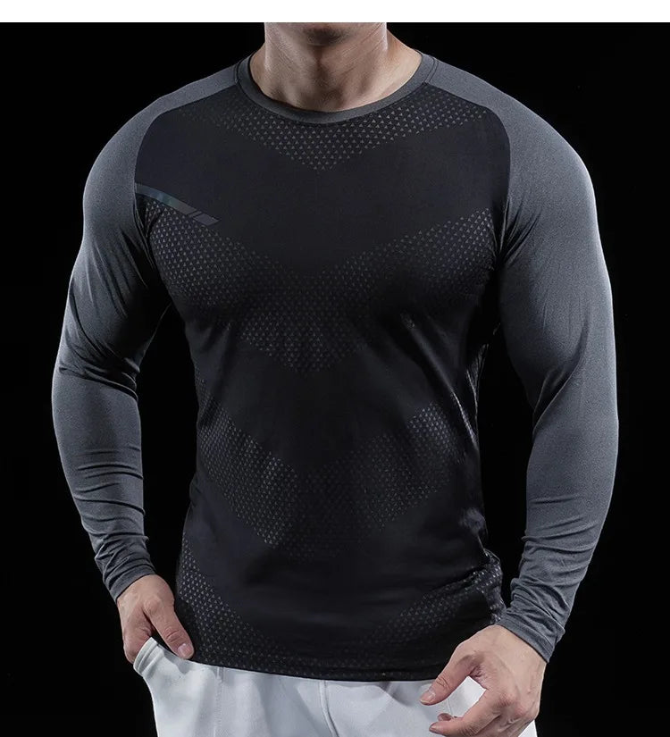 Autumn Winter Men Gym Fitness Display Long Sleeve T-Shirt Crew Neck Elastic Moisture Wicking Tights Running Training Bottom Top