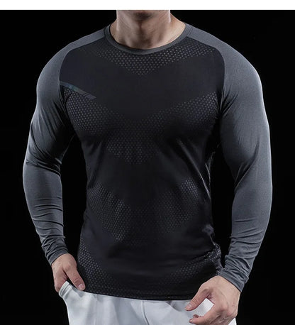 Autumn Winter Men Gym Fitness Display Long Sleeve T-Shirt Crew Neck Elastic Moisture Wicking Tights Running Training Bottom Top