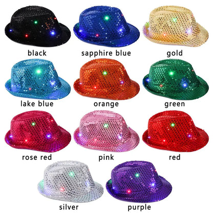 Unisex Light Up Flashing Led Fedora Trilby Jazz Hat Panama Cap Sequin