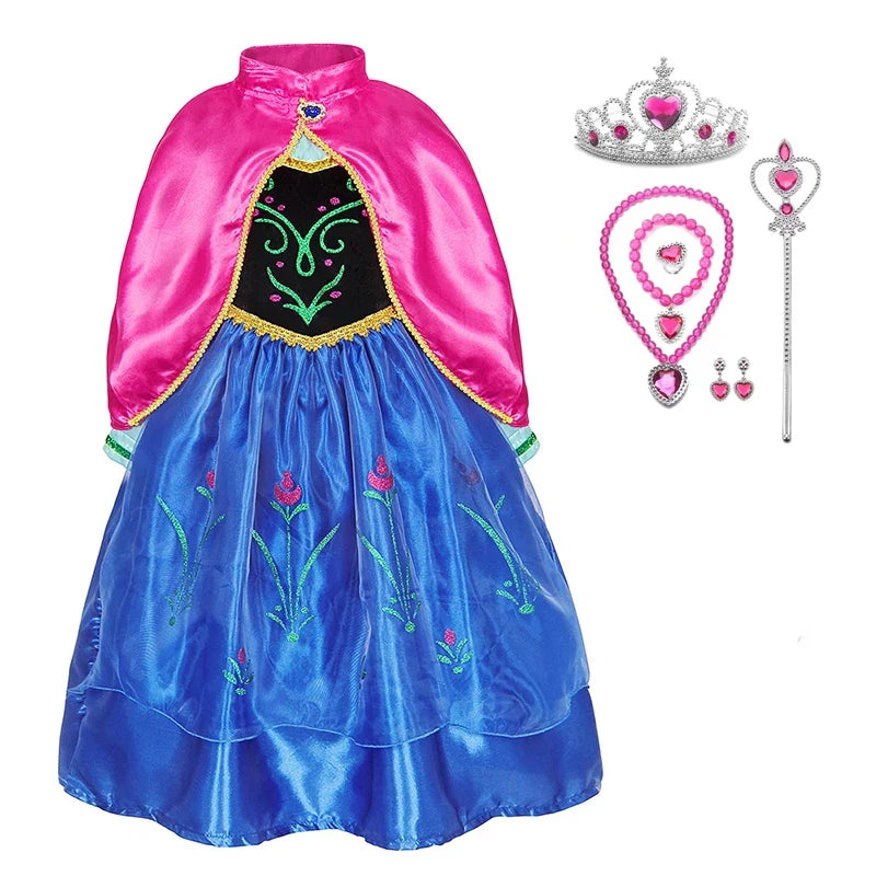 Disney Anna Dress with Cape for Kids Girl Carnival Princess Disguise Frozen Party Clothing Girls Hallloween Anna Gown Prom Dress