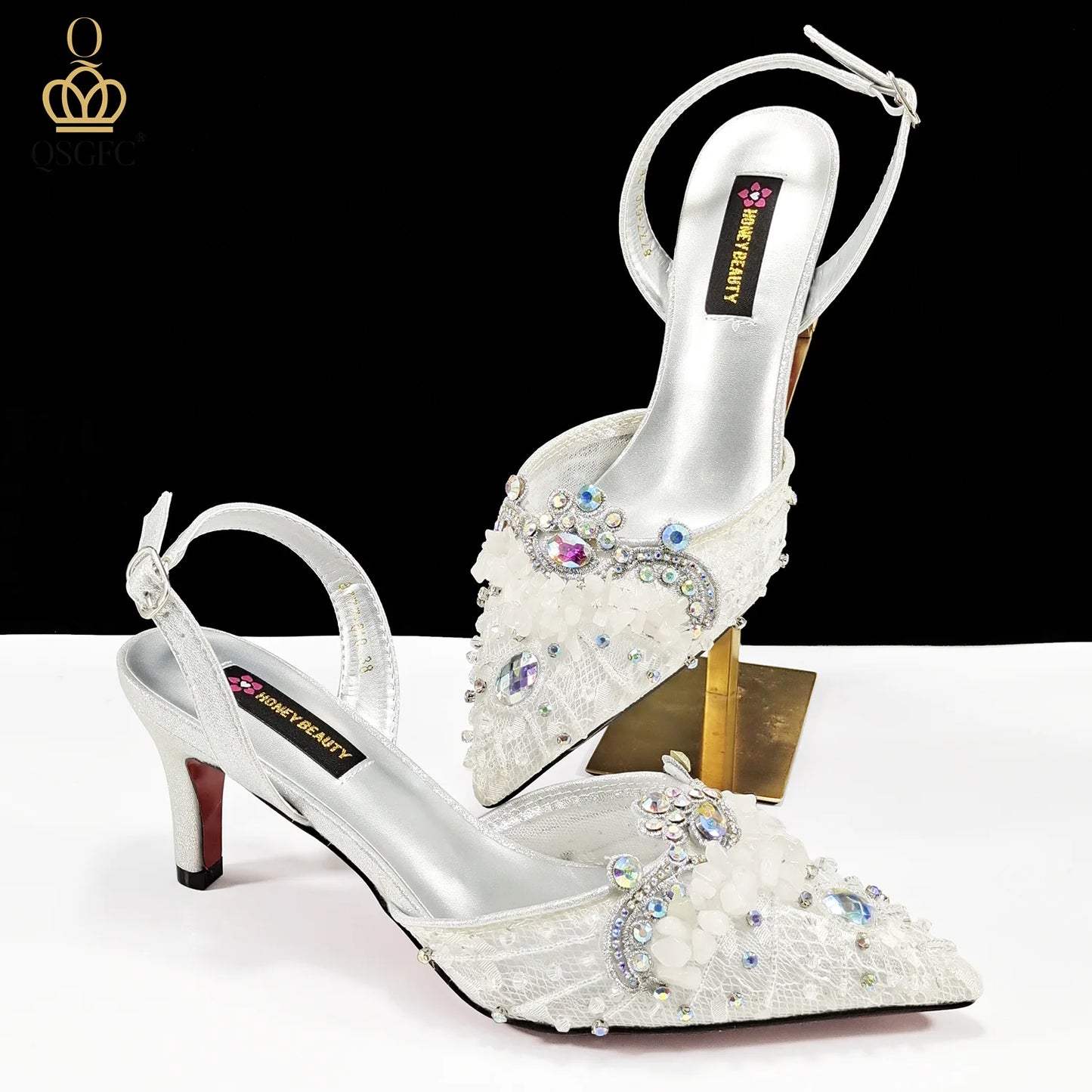 Italian Design Rhinestones and Coral Stones Ladies Party Shoes High Heels Pointed Toe Coffee Color Women's Shoes