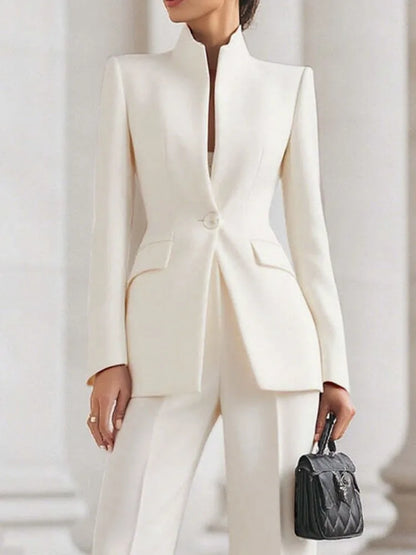Yeezzi Women's Stand Collar Formal Office Business Blazer Long Sleeves Slim Fit Single Button Pockets Solid Color Outerwears