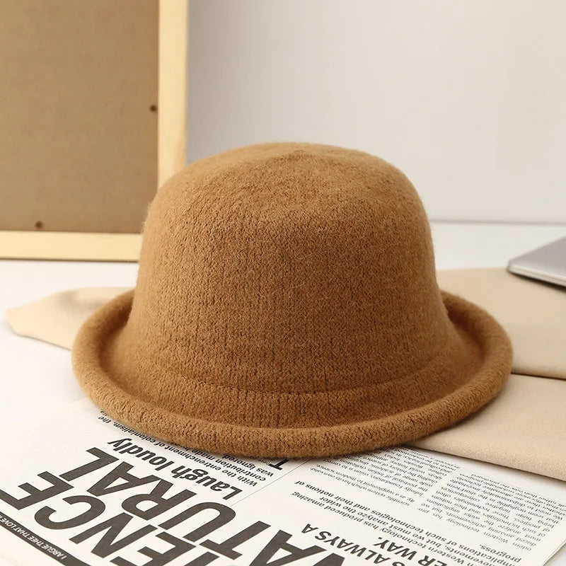 Women Hat Winter Wool Knitted Fedora Small Topper Hat Casual Ladies Solid Color British Top Hat Rolled Brim Official Website
