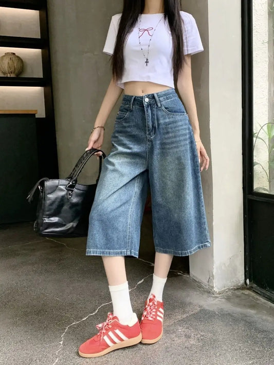 Summer American Style Vintage Women Baggy Jeans Y2k Loose Washed High Waist Knee Length Denim Pants Streetwear Wide Leg Shorts