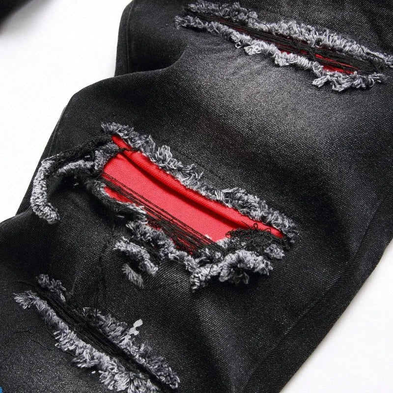 2025 Autumn New Stretch Jeans Fashionable Ripped Patchwork Slim European American Pants Male Paint Dot Hip Hop Denim Trousers