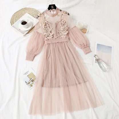 Lace Flower Mesh Summer Dress Women Lantern Sleeve White Casual Dresses Female Party Vintage Slim Women Dress 2 Piece Sets 12041