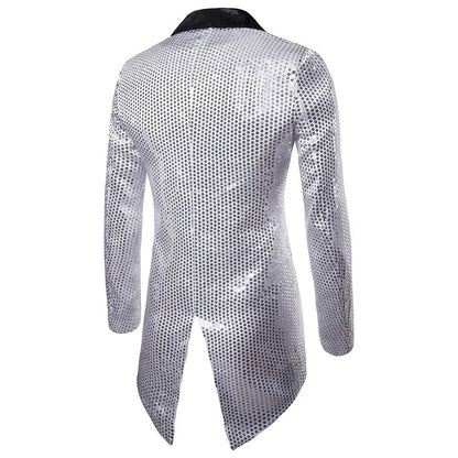 2026 Men's Gold V-Neck Long Sleeve Tuxedo, TV Performance Magic Long Jacket Shiny Sequin Decoration Red Blue Black Blazer S-XXL