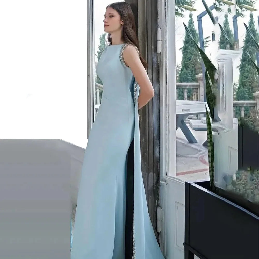 Customized Baby Blue Mermaid Sleeveless Evening Dresses Wedding Prom Dress High Quality Formal Occasion Party Gown for Women