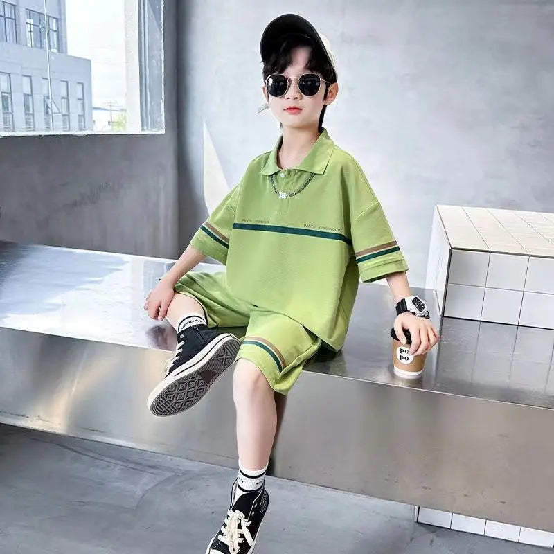 Summer Boys Cotton Loose Alphabet Stripes T-Shirt Tops+Shorts Pant Sets School Kids 2PCS Tracksuit Children Outfits 3-16 Years