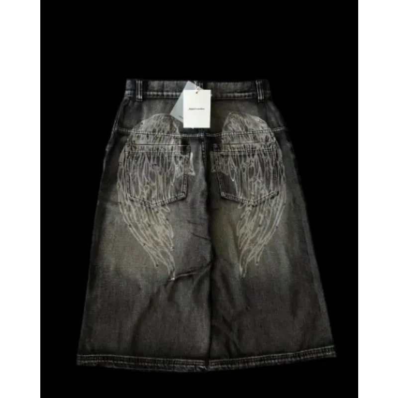 Cowboy shorts with rivet design and street wing pattern fashionable high waisted wide leg pants for Y2K knee length pants