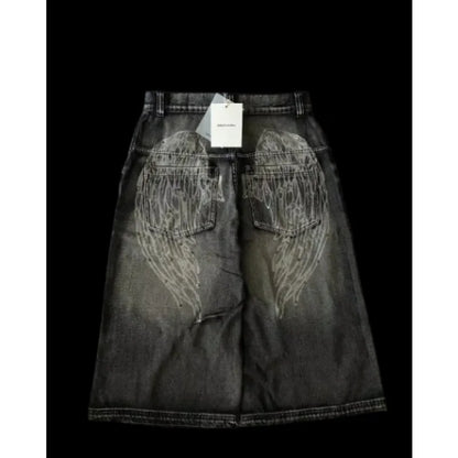 Cowboy shorts with rivet design and street wing pattern fashionable high waisted wide leg pants for Y2K knee length pants